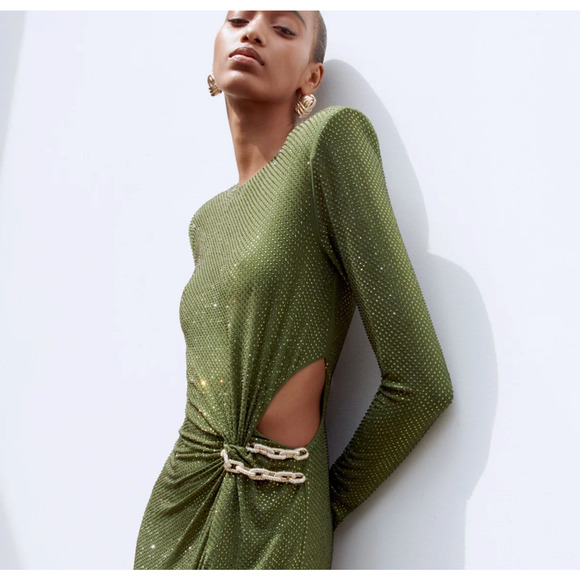 SELF PORTRAIT Olive Rhinestone Embellished Maxi Dress UK 6 US 2 - Picture 6 of 16